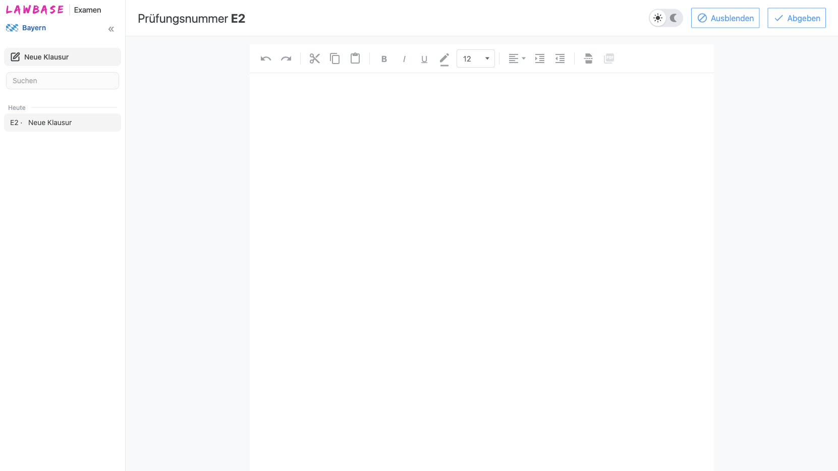 Leerer Lawbase Examen Editor mit Formatierungsleiste und Klausurübersicht